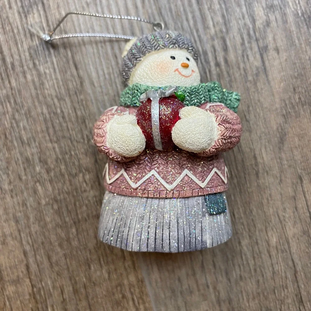 Vintage Style Snowman Girl Bell Ornaments Set of 2 Glitter Knit Sweater Winter